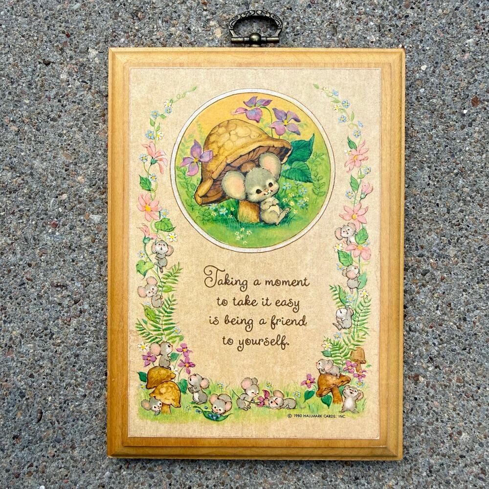 Vintage 80s Hallmark Mouse Mushy Taking a Moment To Take it Easy Wooden Plaque